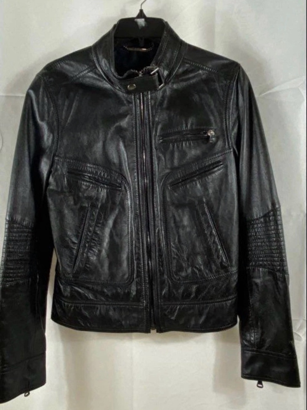 Vintage Dolce & Gabbana D&G Womens Black Lambskin Leather Biker Moto Jacket Sz46